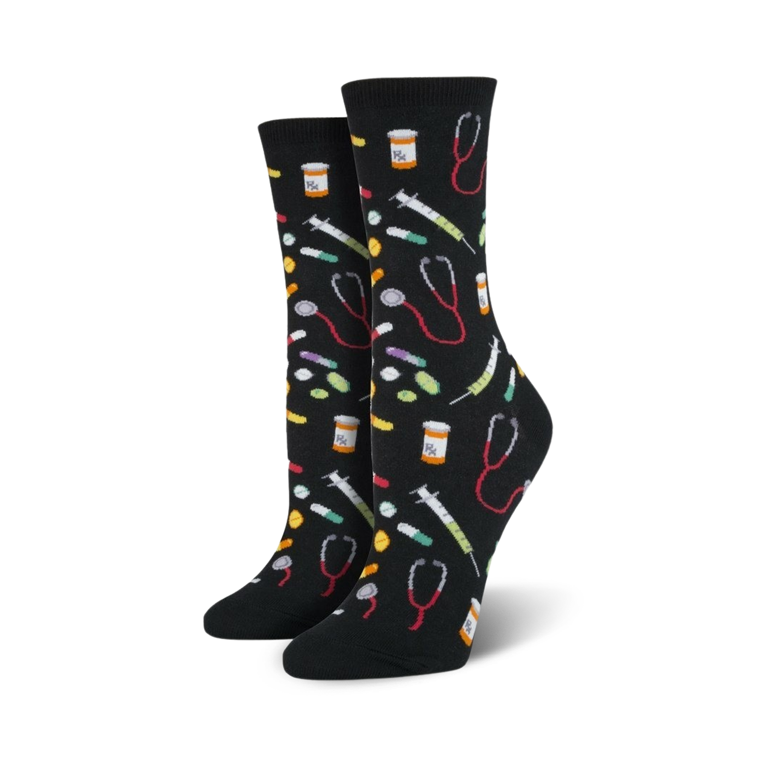 Pair of crew socks in black and blue; colorful pills, syringes, and stethoscopes are playfully scattered across the design.