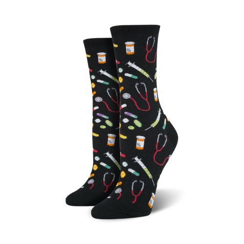 Pair of crew socks in black and blue; colorful pills, syringes, and stethoscopes are playfully scattered across the design.