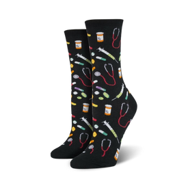 women's crew socks featuring colorful pills, pill bottles, stethoscopes, and syringes.  