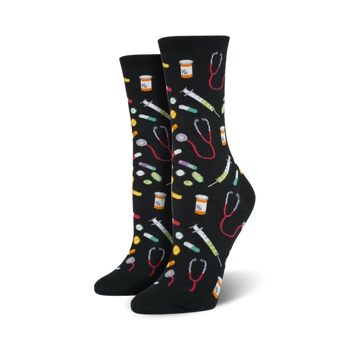 women's crew socks featuring colorful pills, pill bottles, stethoscopes, and syringes.  