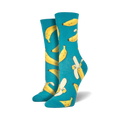Pair of teal crew socks with a fun all-over print of yellow bananas and peeled banana slices.