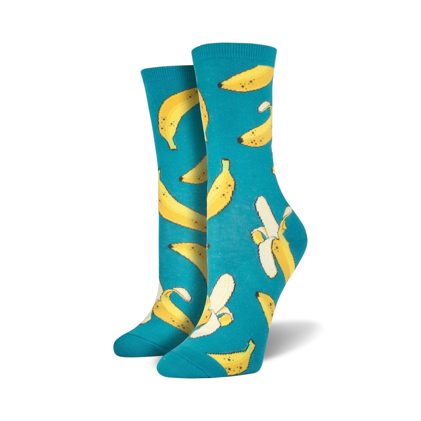 Pair of teal crew socks with a fun all-over print of yellow bananas and peeled banana slices.