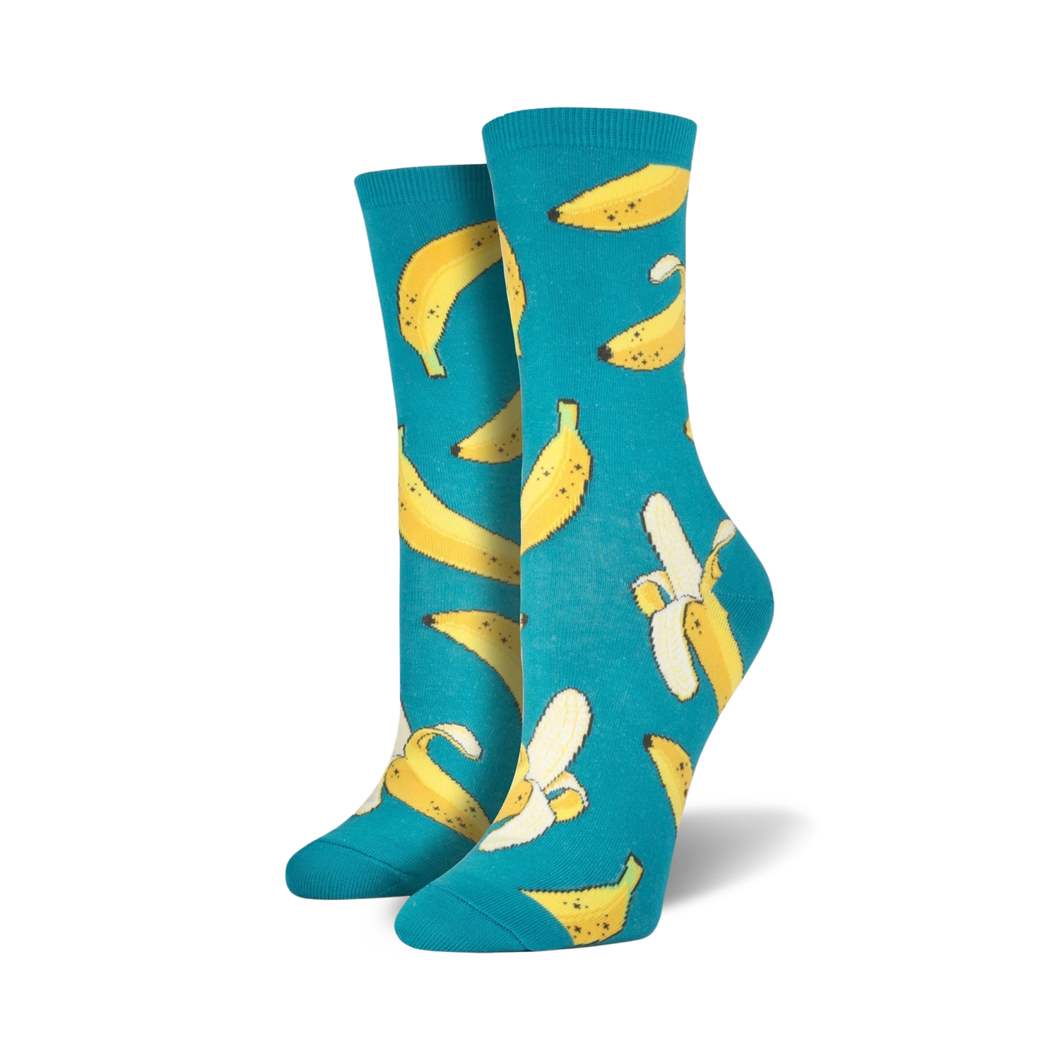Pair of teal crew socks with a fun all-over print of yellow bananas and peeled banana slices.
