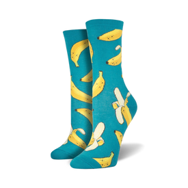 blue crew socks with yellow bananas that are peeling and have brown stems.   