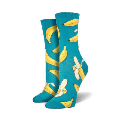 blue crew socks with yellow bananas that are peeling and have brown stems.   