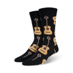 Pair of crew socks with a repeating pattern of acoustic guitars in beige and brown on a black background.