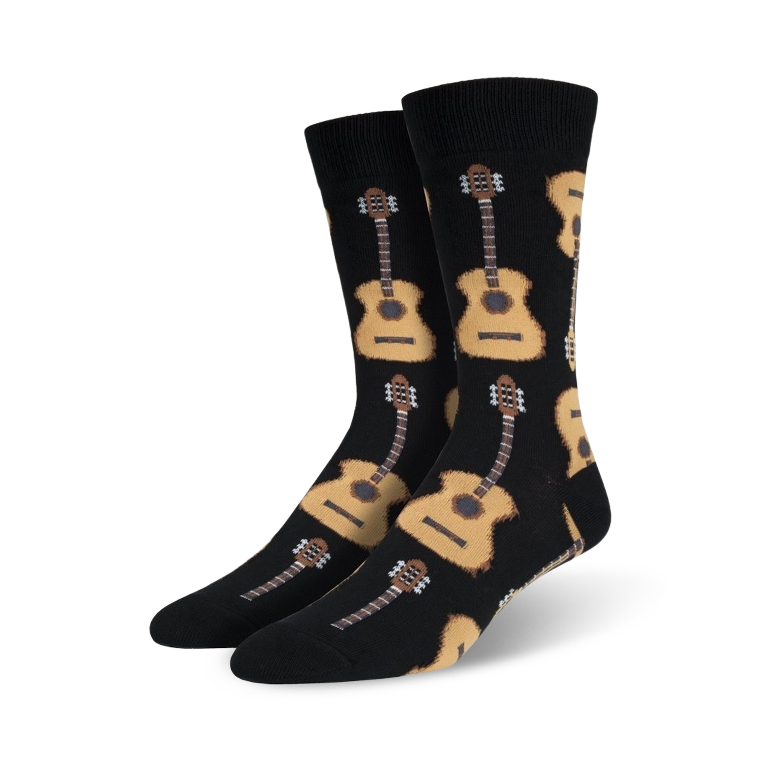 Pair of crew socks with a repeating pattern of acoustic guitars in beige and brown on a black background.