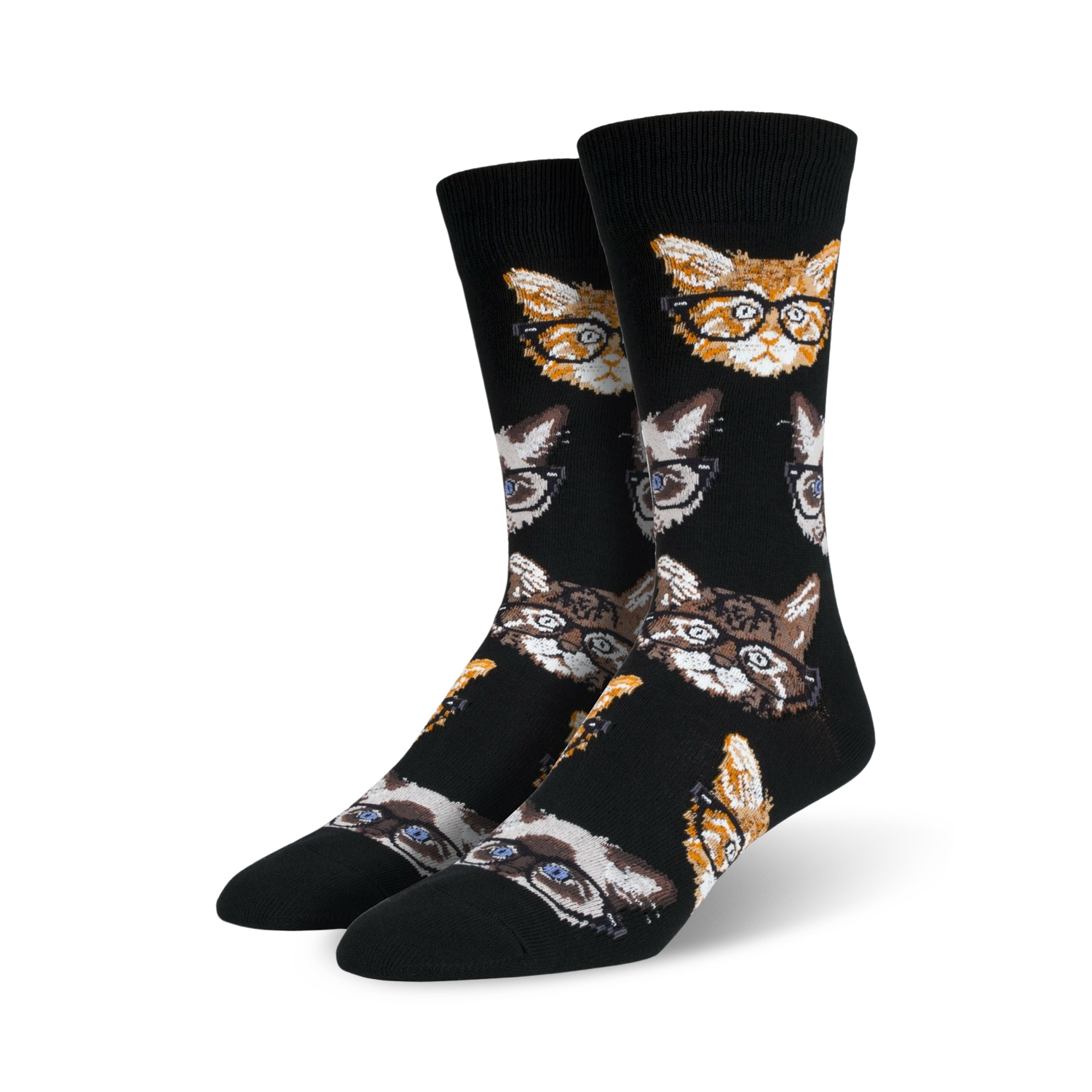 A pair of black crew socks with a repeating pattern of cats wearing glasses. The cats are orange, brown, and gray.