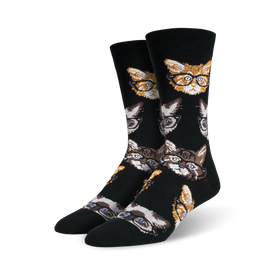 black crew socks featuring cartoon cats wearing horn-rimmed glasses.   