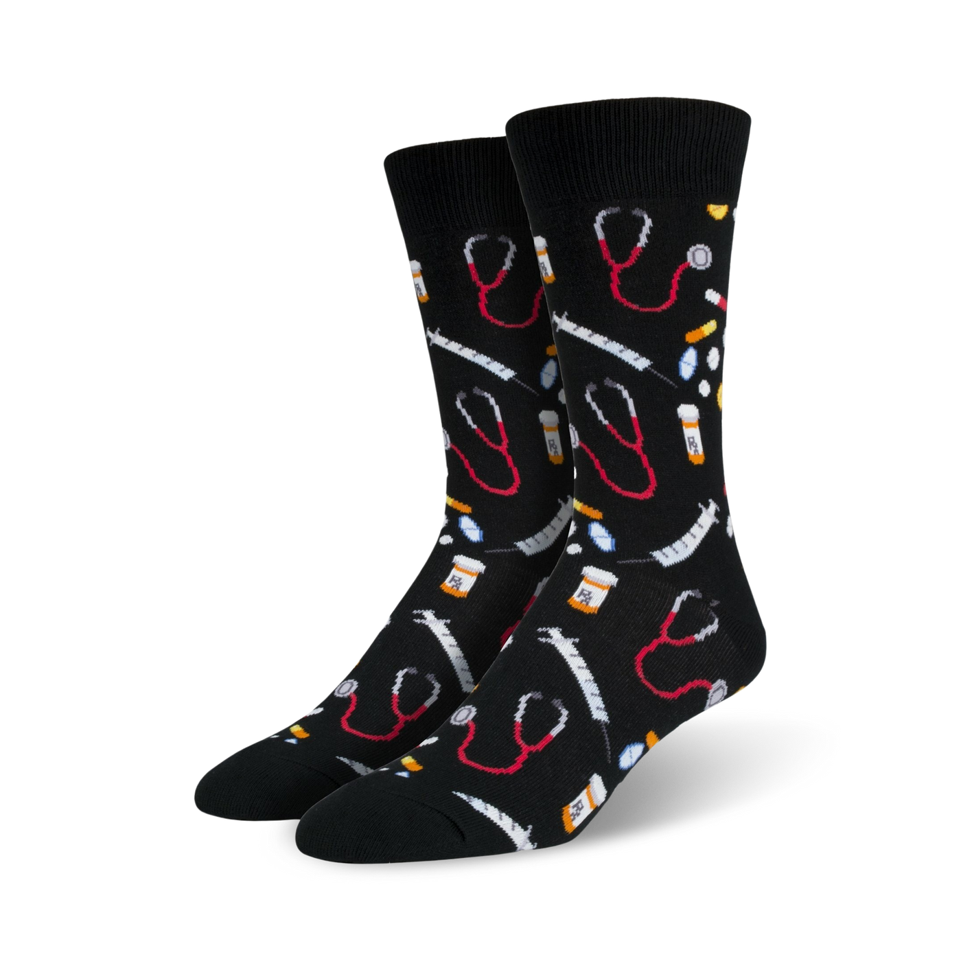 Pair of black crew socks with an all-over print of red stethoscopes, syringes, and pills.  Fun and quirky medical-themed design.