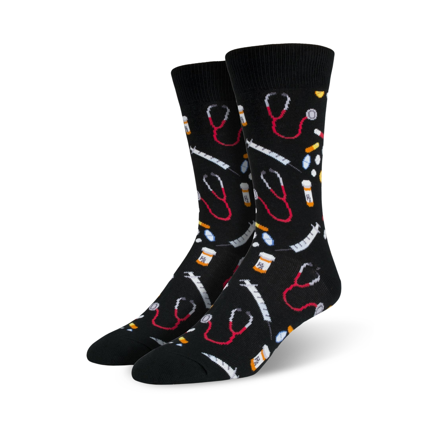 Pair of black crew socks with an all-over print of red stethoscopes, syringes, and pills.  Fun and quirky medical-themed design.