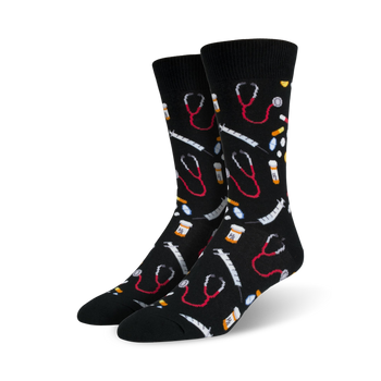  black crew socks with pattern of red and white stethoscopes, yellow and white pills, and red and white syringes.   
