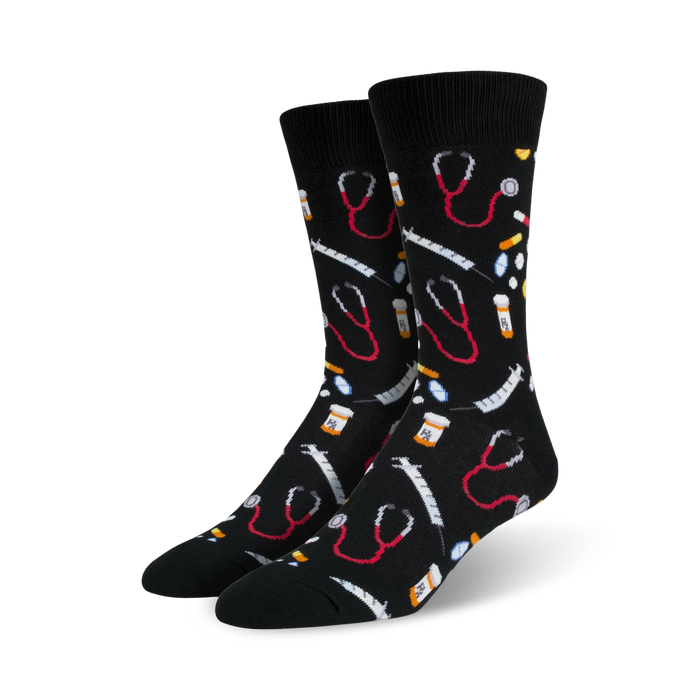 black crew socks with pattern of red and white stethoscopes, yellow and white pills, and red and white syringes.    }}