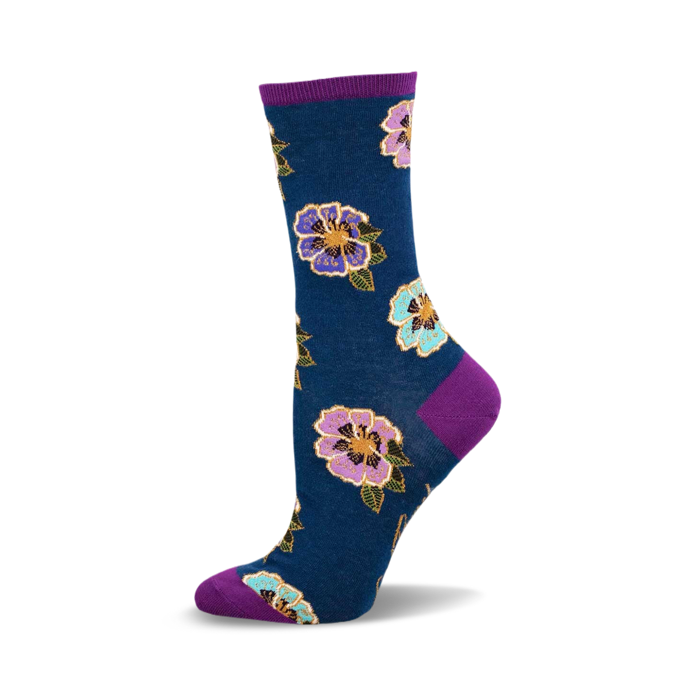 A side view of a teal crew sock adorned with a multicolored floral pattern. The sock's cuff and sole are purple, adding a pop of contrast to the design.