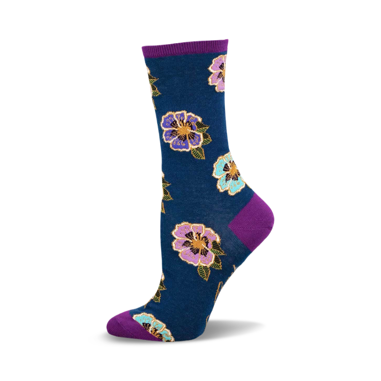 A side view of a teal crew sock adorned with a multicolored floral pattern. The sock's cuff and sole are purple, adding a pop of contrast to the design.