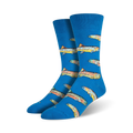 Pair of blue crew socks with a repeating pattern of colorful trout illustrations.