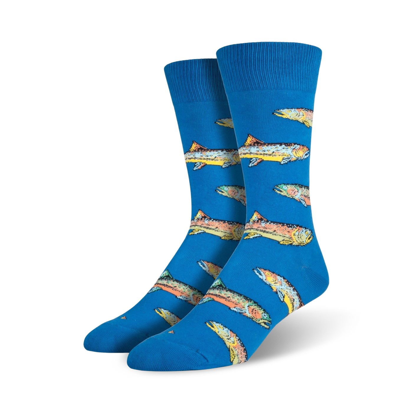Pair of blue crew socks with a repeating pattern of colorful trout illustrations.