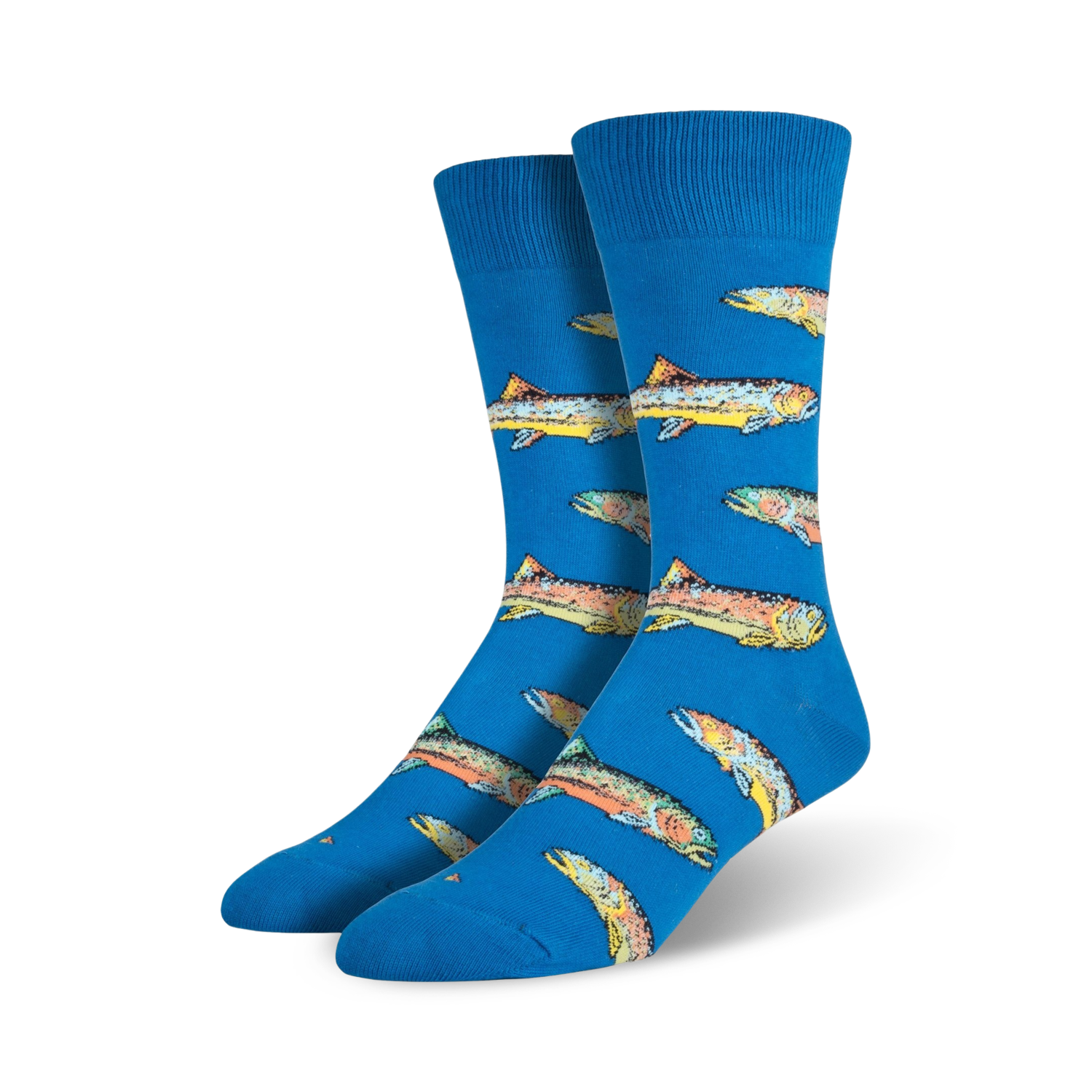 Pair of blue crew socks with a repeating pattern of colorful trout illustrations.