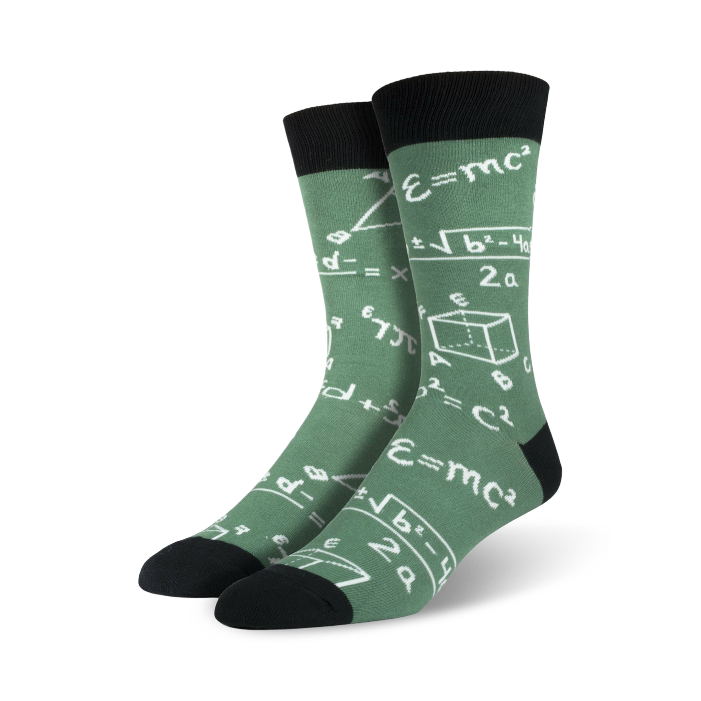Pair of sage green crew socks with white mathematical formulas, equations, and geometric shapes printed on them. Black cuff.