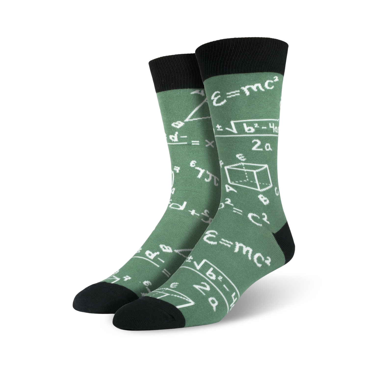 Pair of sage green crew socks with white mathematical formulas, equations, and geometric shapes printed on them. Black cuff.