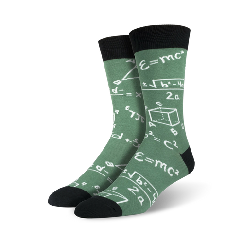 Pair of sage green crew socks with white mathematical formulas, equations, and geometric shapes printed on them. Black cuff.
