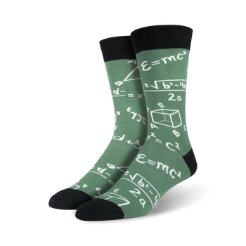  dark green crew socks covered in white equations and symbols. mathematical & fun geeky socks for men.   