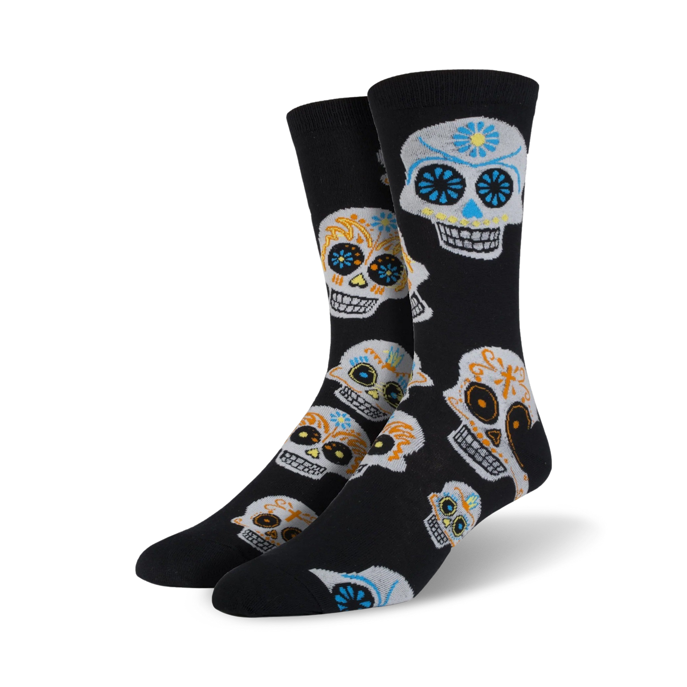 Pair of black crew socks with a colorful sugar skull pattern.  Orange, blue, and yellow details on the skulls against a black background.