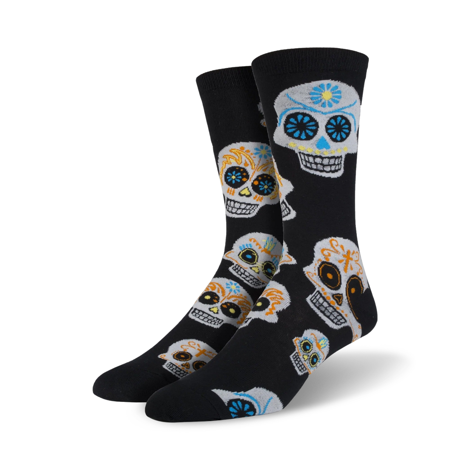 Pair of black crew socks with a colorful sugar skull pattern.  Orange, blue, and yellow details on the skulls against a black background.