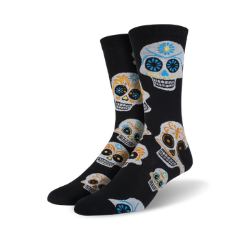mens crew socks in black with a pattern of multi-colored sugar skulls for day of the dead.  