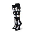 A pair of black knee-high socks adorned with a whimsical pattern of light-blue and orange snowmen.