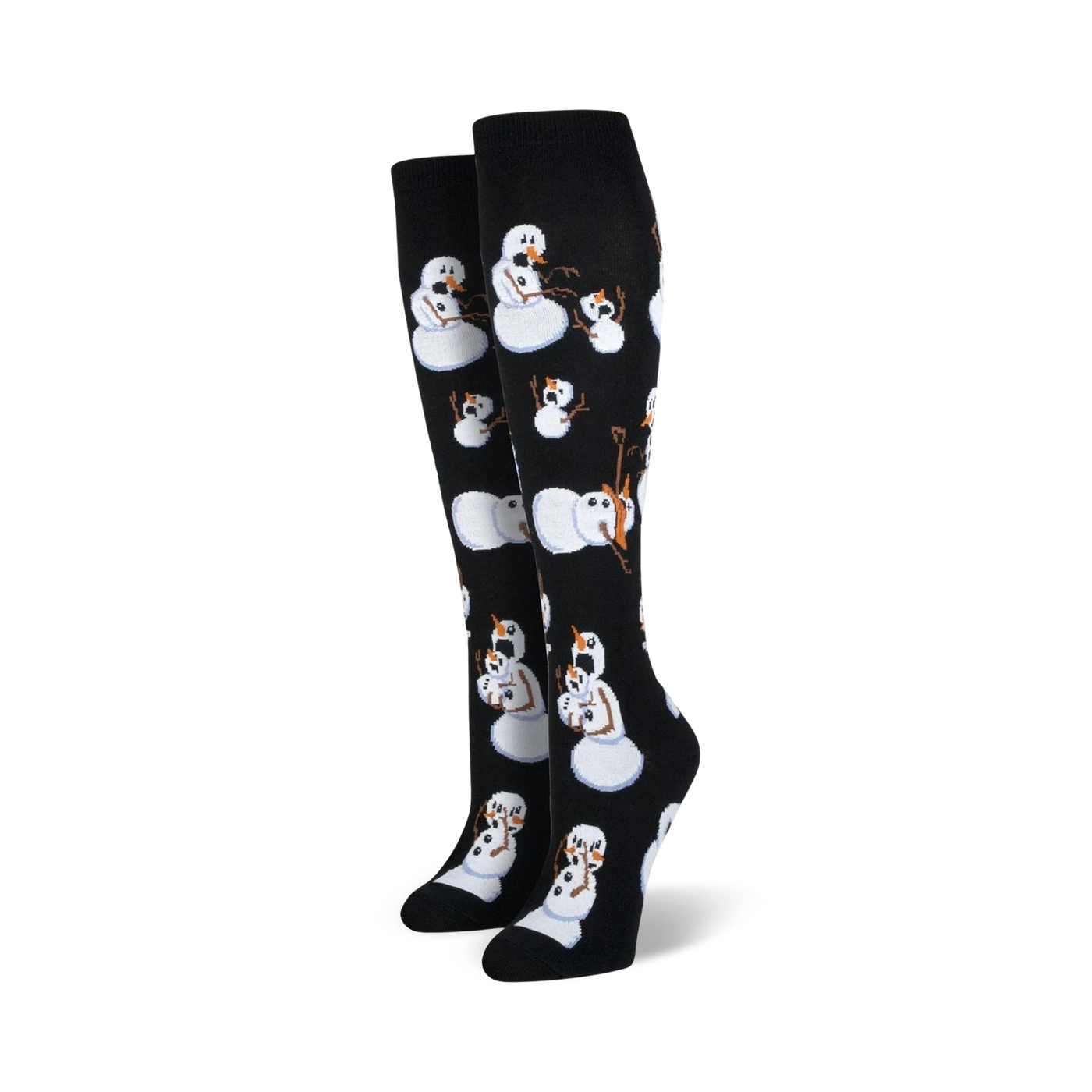 A pair of black knee-high socks adorned with a whimsical pattern of light-blue and orange snowmen.