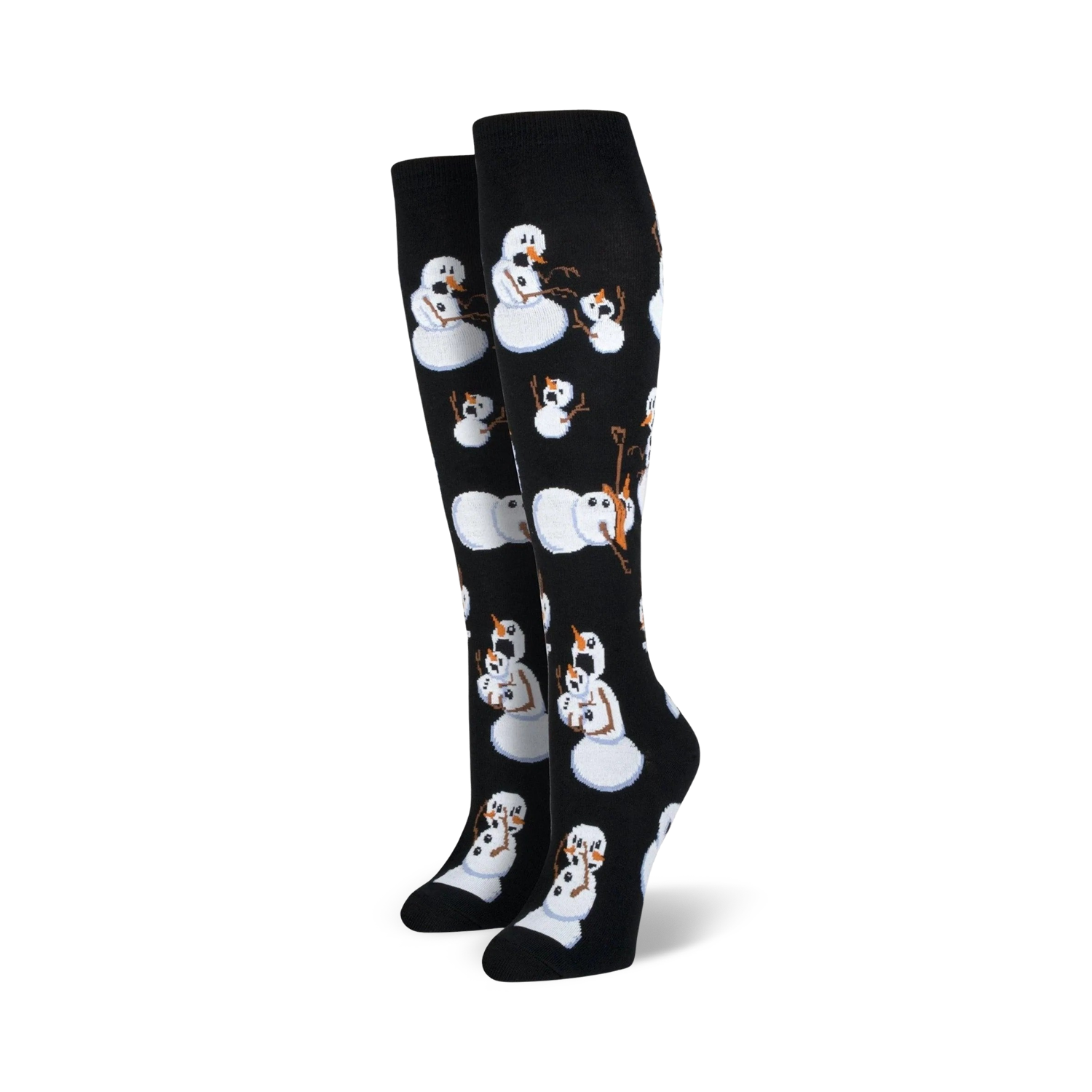 A pair of black knee-high socks adorned with a whimsical pattern of light-blue and orange snowmen.