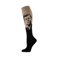 Knee-high socks in beige and black, featuring a stylized black and white portrait of John F. Kennedy on the calf.