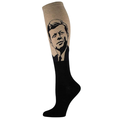 knee high john f. kennedy portrait womens socks, black and tan  