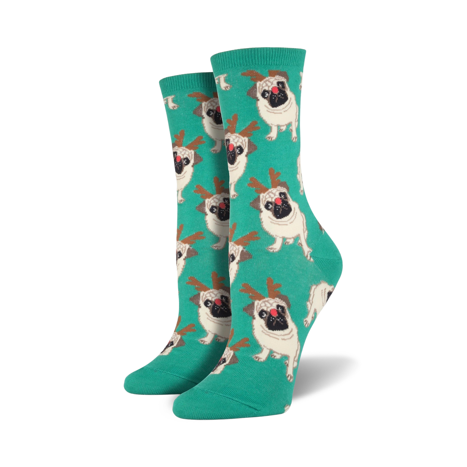 Pair of teal crew socks with a repeating pattern of pugs wearing reindeer antlers. 
