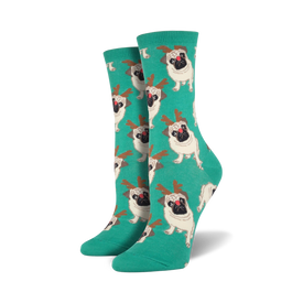crew socks for women featuring pugs wearing reindeer antlers, made from a soft cotton blend.   