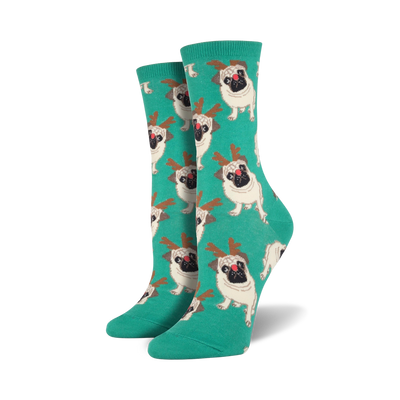 crew socks for women featuring pugs wearing reindeer antlers, made from a soft cotton blend.   