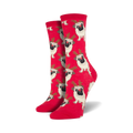Close-up of red Antler Pug crew socks showing the pug and antler design.