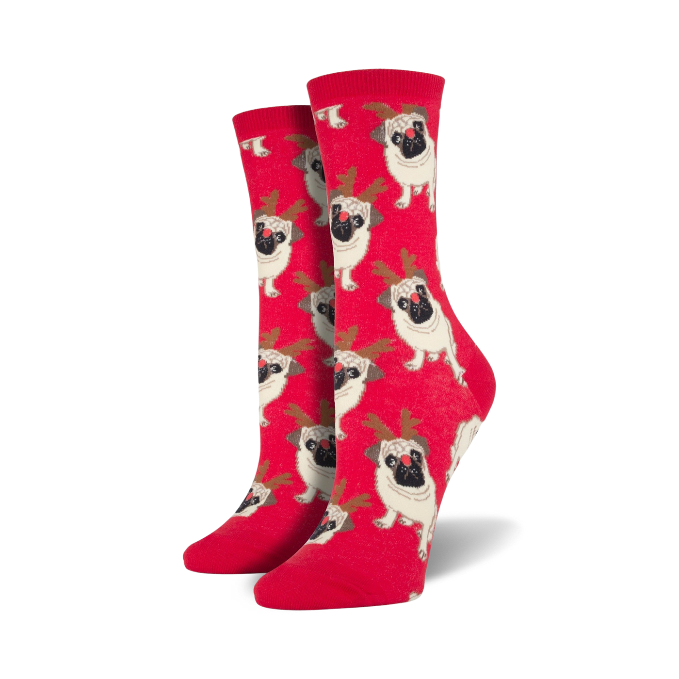 Close-up of red Antler Pug crew socks showing the pug and antler design.