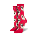 Close-up of red Antler Pug crew socks showing the pug and antler design.