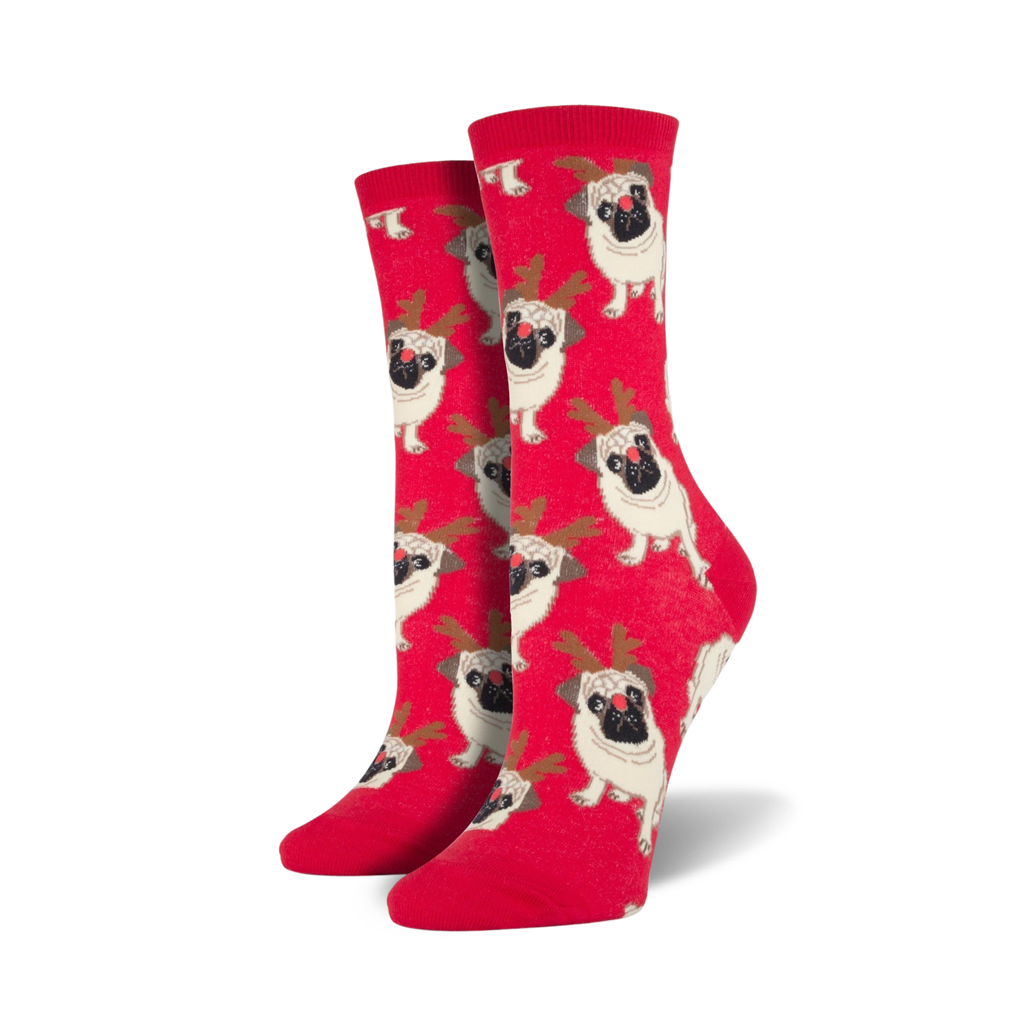 Close-up of red Antler Pug crew socks showing the pug and antler design.