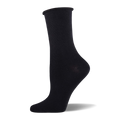 Solid black crew sock made of bamboo fabric with a relaxed roll-top cuff, displayed on a mannequin foot.