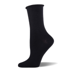 Solid black crew sock made of bamboo fabric with a relaxed roll-top cuff, displayed on a mannequin foot.