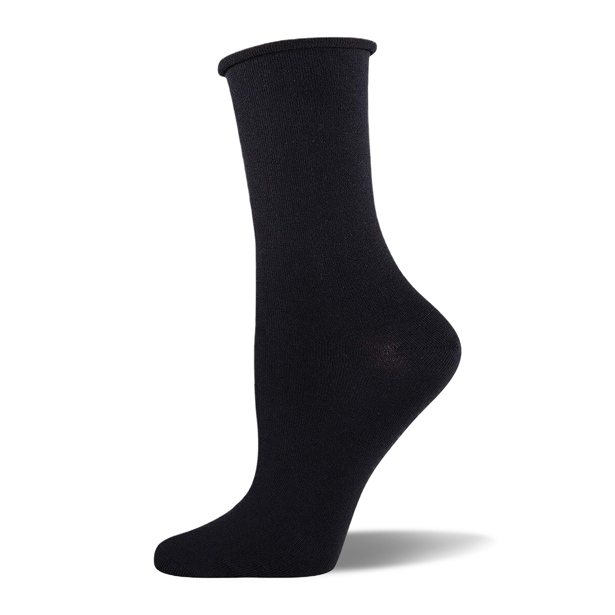 Solid black crew sock made of bamboo fabric with a relaxed roll-top cuff, displayed on a mannequin foot.