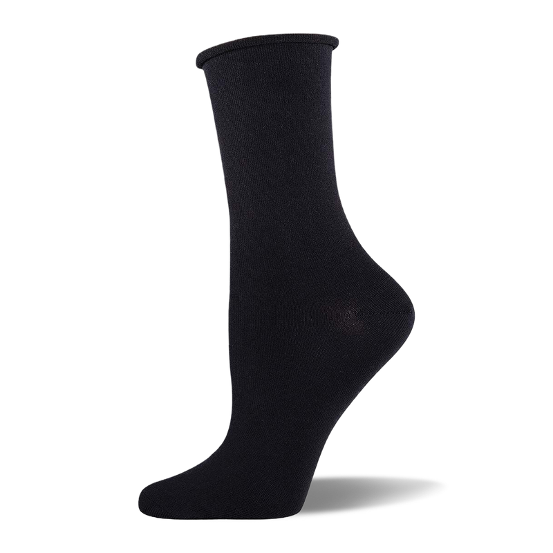Solid black crew sock made of bamboo fabric with a relaxed roll-top cuff, displayed on a mannequin foot.