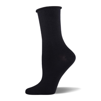 Solid black crew-length sock shown on a mannequin foot. It features a soft, smooth texture and a slightly rolled cuff.