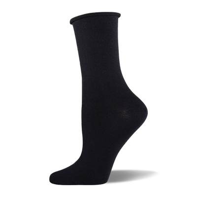 Solid black crew-length sock shown on a mannequin foot. It features a soft, smooth texture and a slightly rolled cuff.
