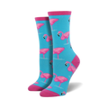 Pair of women's crew socks in teal with a pink flamingo pattern. Pink cuffs.