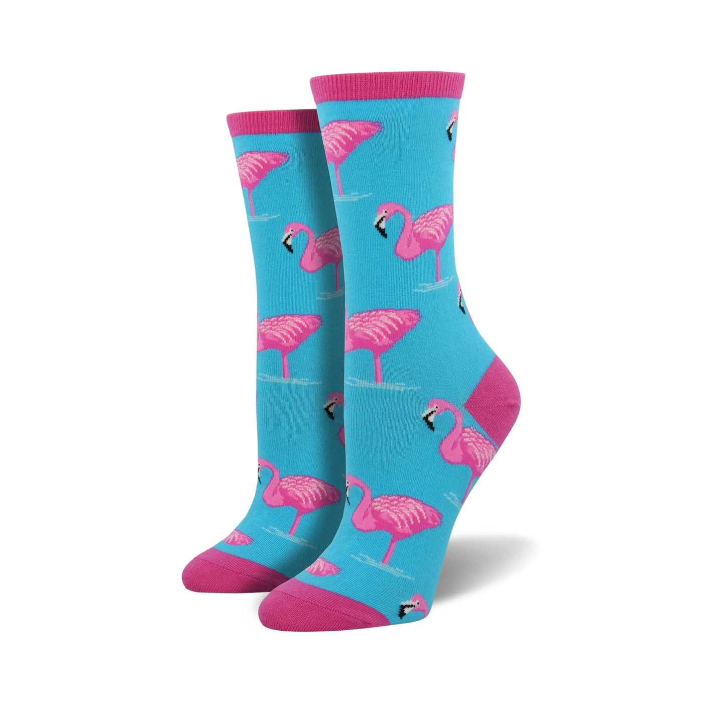 Pair of women's crew socks in teal with a pink flamingo pattern. Pink cuffs.