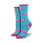 Pair of women's crew socks in teal with a pink flamingo pattern. Pink cuffs.